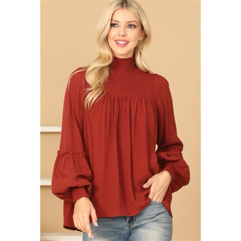 LAST 1! BRICK SHIRRED HIGH OVERSIZED NECK PUFF SLEEVE SOLID TOP! - Picture 2 of 6
